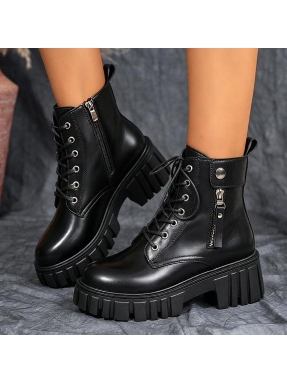 British Lace Up Combat Boots for Women Platform Lug Sole Street‑Style Ankle Boots with Side Zip for Daily Music Festivals Halloween Outfits