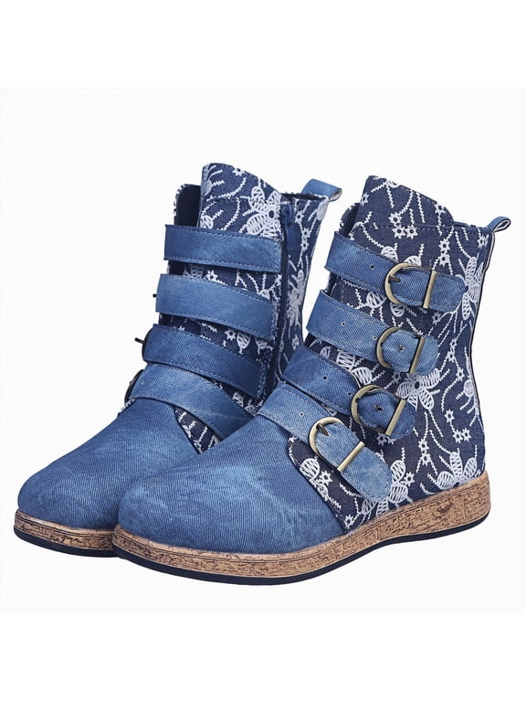 Denim Embroidered Mid Calf Boots for Women Floral Multi Buckle Straps Flatform Booties Retro Casual Side Zipper Ankle Boots for All Season Daily Wear