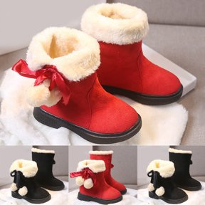 Joykidd Girls Christmas Pom‑Pom Winter Snow Boots Soft Fleece Flatform Fold-Over Mid-Calf Boots with Satin Bow for Cold‑Weather Outdoor Holiday Wear