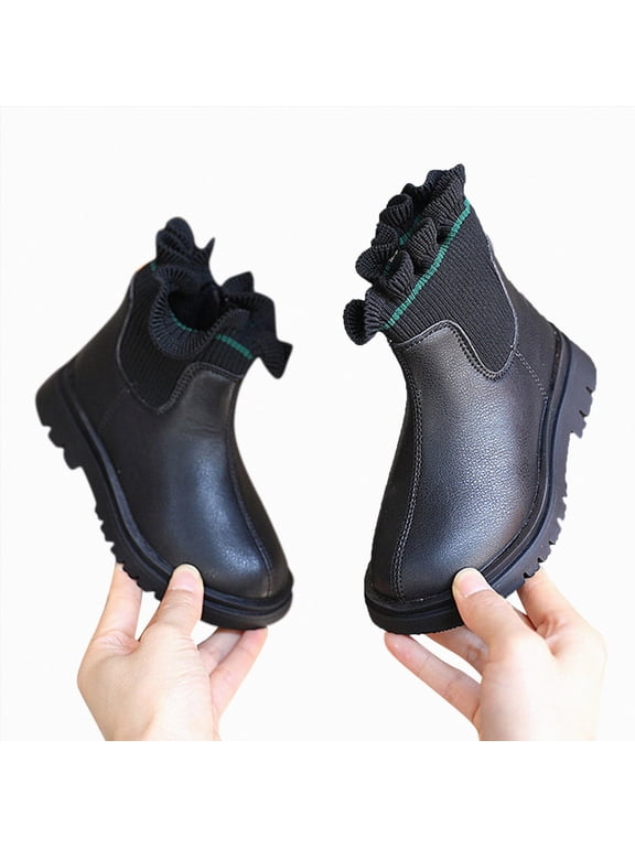 Girls Ruffle Knit Sock Boots Round Toe Lug Sole Side Zipper Ankle Boots for Fall Winter Daily Wear