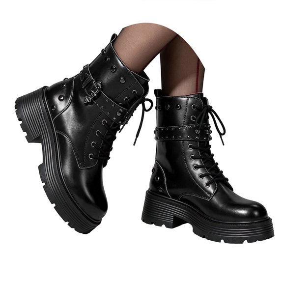 Joykidd Halloween Platform Ankle Boots for Women Lug Sole Lace Up Studded Motorcycle Riding Boots for Concerts Festivals Cosplay Parties Everyday Wear