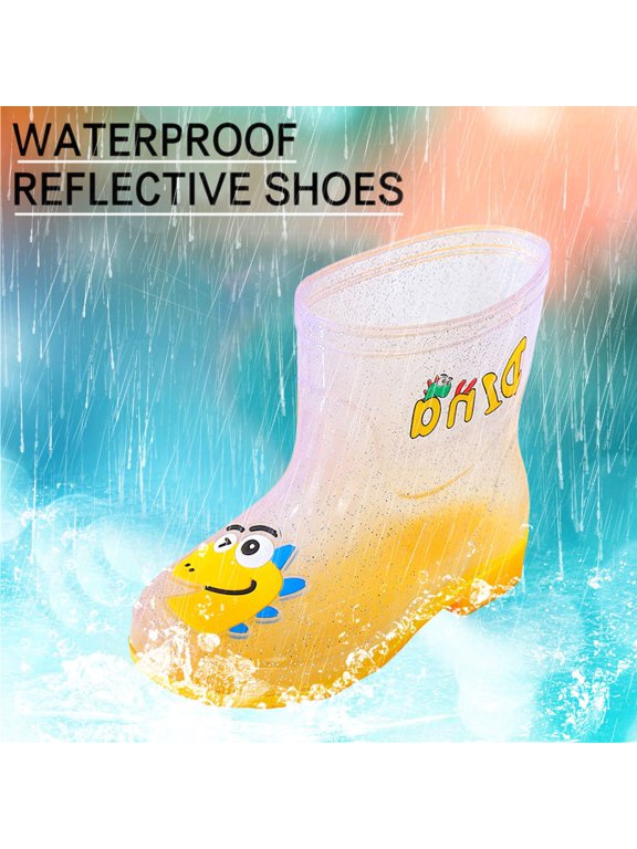 Kids Cartoon Glitter Rain Boots Flat Pull on Waterproof Non Slip Soft Ankle Boots for Rainy Day Walks Outdoor Play
