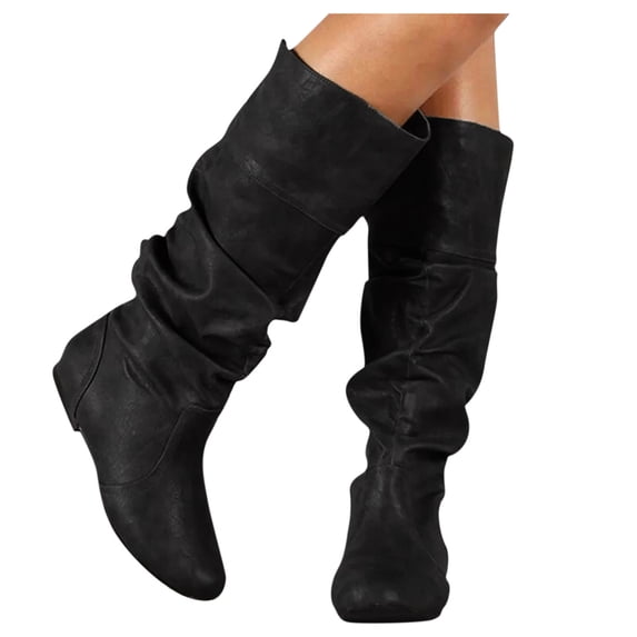 Joykidd Knee High Boots For Women Closed Toe Flat Heel Slouch Boots Retro Fashion Convenient Pull On Pleated Wedges Boots Shoes For Daily Occasions Autumn Winter Outfit