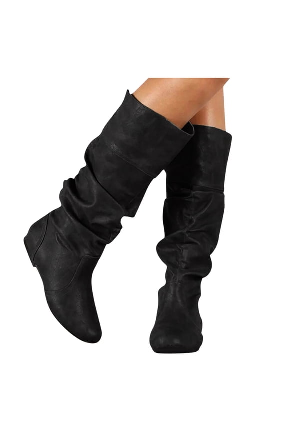 Knee High Boots For Women Closed Toe Flat Heel Slouch Boots Retro Fashion Convenient Pull On Pleated Wedges Boots Shoes For Daily Occasions Autumn Winter Outfit