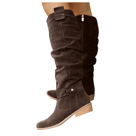 Joykidd Low Block Heel Mid‑Calf Boots Round Toe Faux Suede Side Zipper Tall Boots Strap Clasp Slouch Wrinkle Shaft Retro Street Fall Winter Wear Outdoor Casual Outings