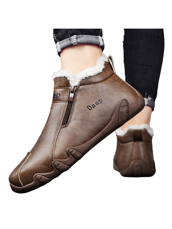 Men's High Top Winter Ankle Boots Fuzzy Flat Side Zipper Anti Slip Warm Snow Boots for Cold Weather Daily Outings