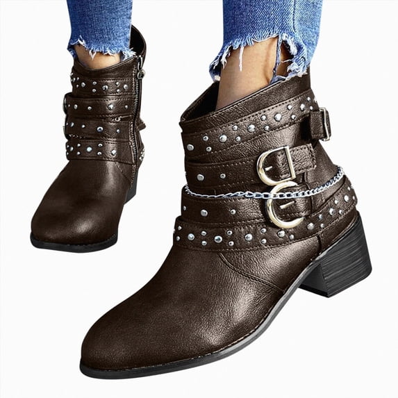 Joykidd Motorcycle Ankle Boots For Women Chunky Block Heel Short Booties Buckle Studded Gothic Moto Riding Boots with Side Zip for Casual Outings Daily Work