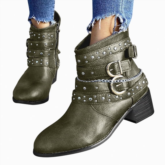 Joykidd Motorcycle Ankle Boots For Women Chunky Block Heel Short Booties Buckle Studded Gothic Moto Riding Boots with Side Zip for Casual Outings Daily Work
