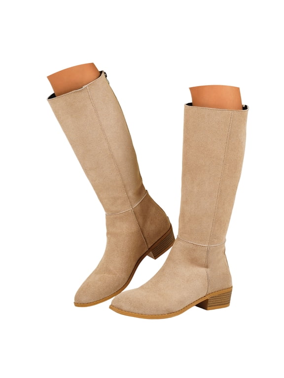 Retro Suede Knee High Boots for Women Block Low Heel Round Toe Pull-On Mid Calf Tall Boots for Fall Winter Street‑Style Outfits
