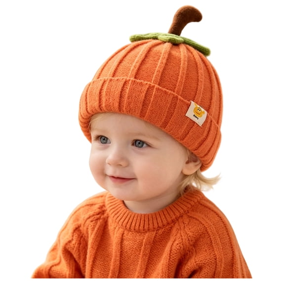 Joykidd Toddler Halloweem Pumpkin Knit Beanie Ribbed Stretchy Infant Hat for Fall Daily Outings and Holiday