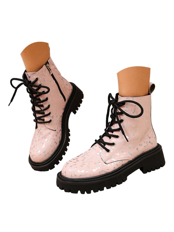 Women's British Bow Combat Ankle Boots Platform Lug Sole Lace-Up Side Zipper Booties for Festival Theme Party Halloween Outfits