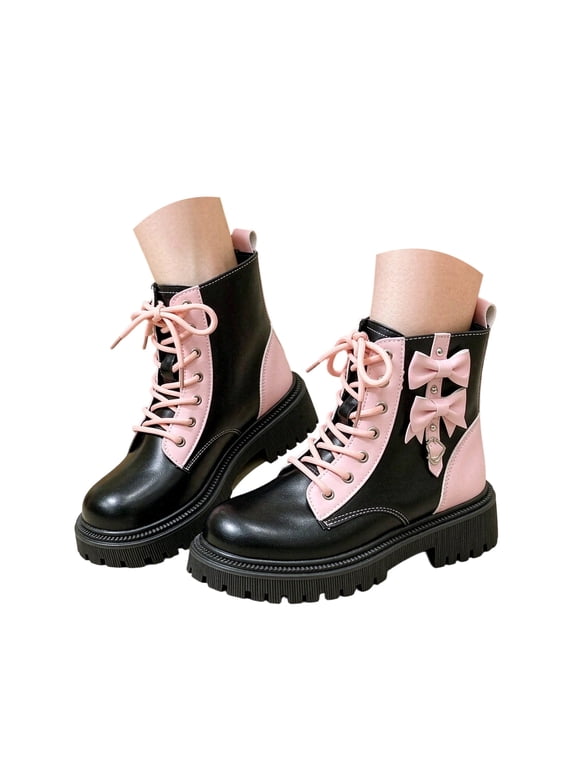 Women's Fashion Bow Combat Ankle Boots Platform Lug Sole Lace-up Buckle Riding Boots for Music Festival House Party Outfits
