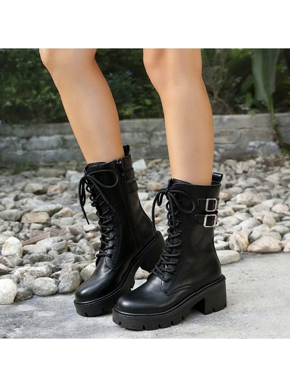 Women's Fashion Combat Ankle Boots Platform Lug Sole Lace-up Side Zipper Buckle Riding Boots for Music Festival House Party Outfits