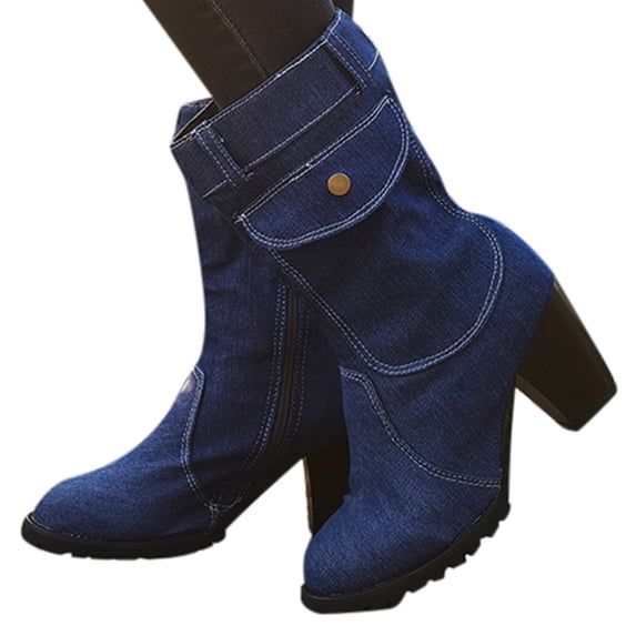 Joykidd Women's Fashion Mid Calf Denim Boots Round Toe Platform Side Zip Block Heel Boots with Pocket for Fall Sightseeing Weekend Outings