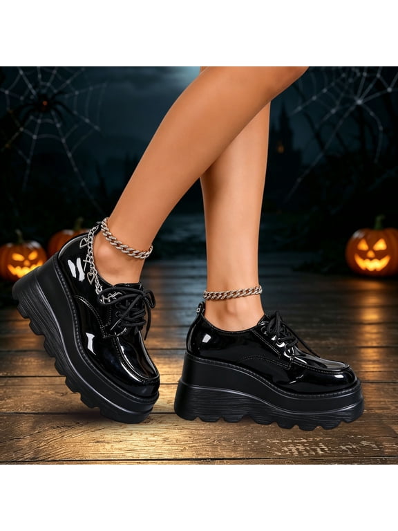 Women's Halloween Gothic Ankle Boots Platform Lug Sole LaceโUp Chain Short Booties for Themed Party Cosplay