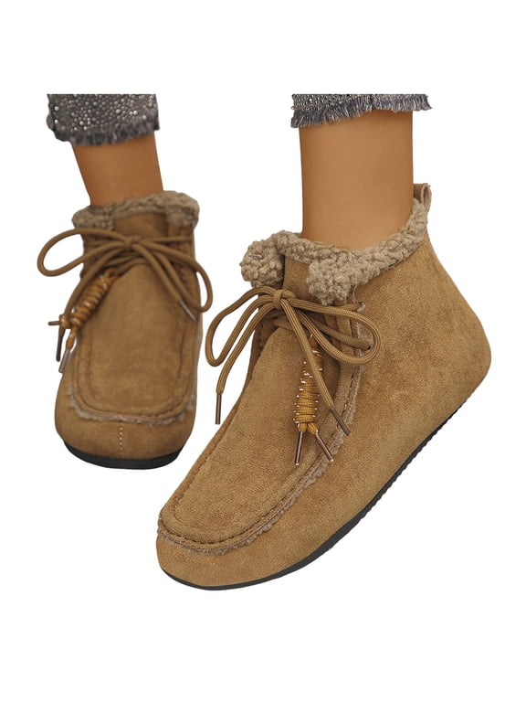 Women's Moc Toe Ankle Boots Low Flat Lace up Soft Fleece Winter Booties for Cold Season Outdoor Daily Outfit