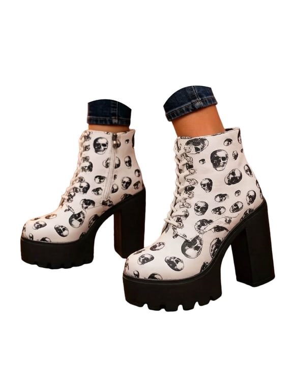 Women's Platform Lace-Up Ankle Boots High Chunky Heel Gothic Boots with Side Zipper Fashion Skeleton Pattern for Halloween Dressing