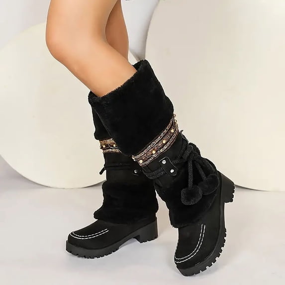 Joykidd Women's Pom‑Pom Winter Knee-High Boots Suede Platform Lug Sole Plush Mid-Calf Boots for Holiday Party Festival Outfits