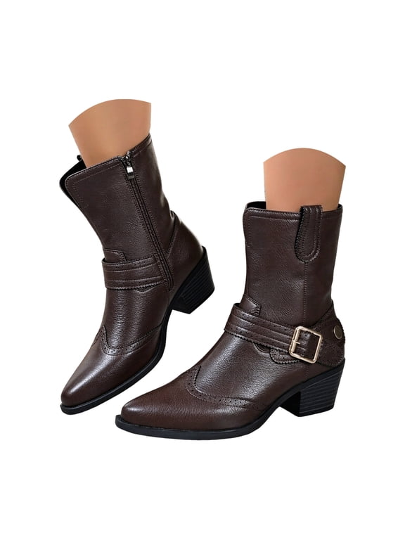 Women's Wingtip Western Ankle Boots Pointed Toe Stacked Block Heel Buckle Strap Booties with Side Zipper for Themed Party Country Music Concert