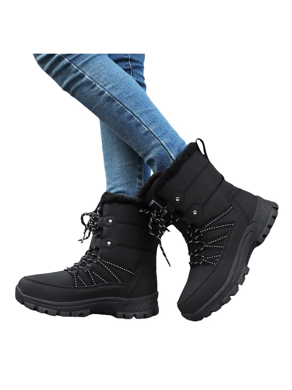 Womens Anti-Slip Winter Hiking Boots Plush Lug Sole Waterproof Lace-Up Mid-Calf Snow Boots for Cold‑Weather Walking Outings