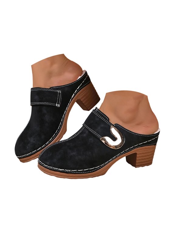 Womens Chunky Stacked Heel Slippers Soft Fleece Slip on Winter Shoes with Buckle for Cold Weather Indoor Outdoor Daily Casual Wear