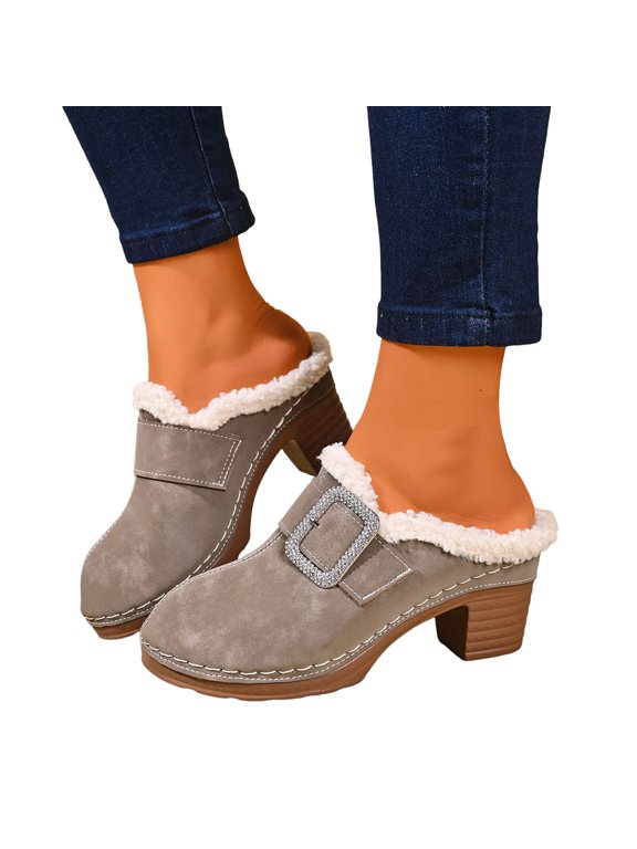 Womens Chunky Stacked Heel Slippers Soft Fleece Slip on Winter Shoes with Rhinestone Buckle for Cold Weather Indoor Outdoor Daily Casual Wear