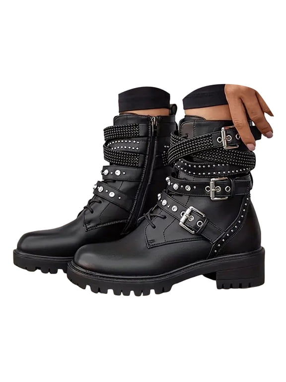Womens Halloween Gothic Ankle Boots Chunky Heel Platform Lug Sole Buckle Studded Combat Boots for Music Concert Themed Party Wear