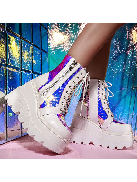 Womens Halloween Platform Combat Boots Lug Sole Lace-up Side Zipper Ankle Boots for Festival Cosplay Night Club Event Outfits
