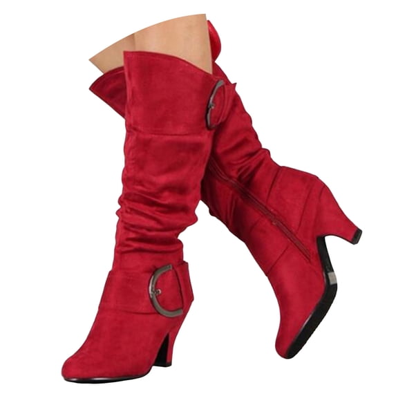 Joykidd Womens High Heel Slouchy Mid-Calf Boots Faux Suede Pull-On Buckle Fall Winter Boots for Date‑Night Festival Concert Outfit