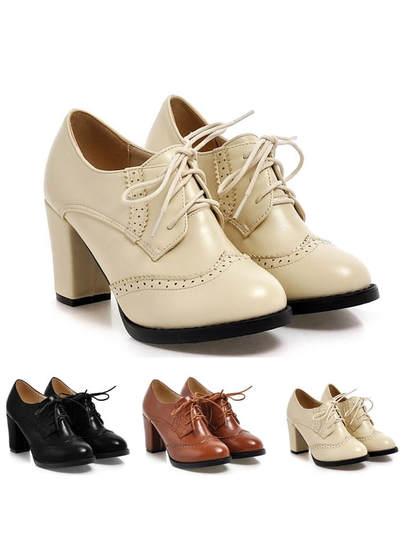 Womens Wingtip Dress Fall Boots Round Toe Block High Heel Lace up Retro Ankle Boots for Party Wedding Office Work Holiday Wear