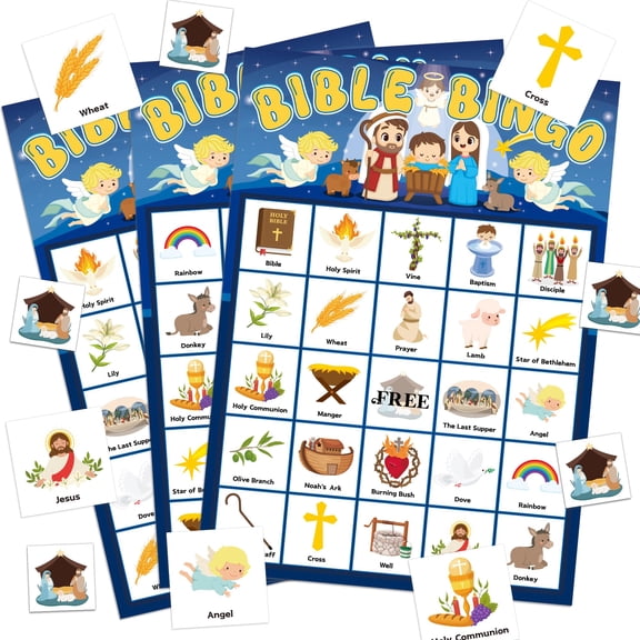 Joykindom Bible Bingo Game for Kids 24 Player Cards with Chips Sunday School Christian Crafts Easter Christmas Nativity Party Favors