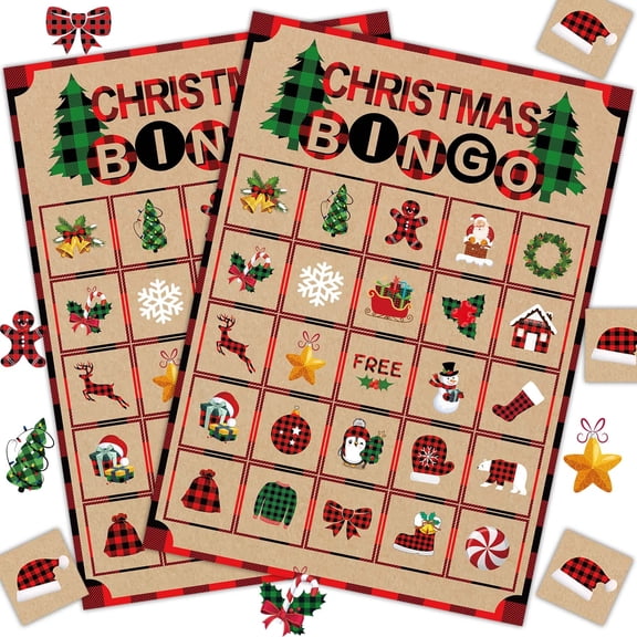 Joykindom Christmas Bingo Game for Kids Adults, 24 Player Cards 385 Marking Chips 2 Caller Chips, Family Party Large Group Game Stocking Stuffers