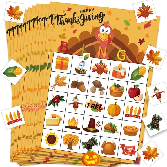 Joykindom Thanksgiving Bingo Game for Kids, 24 Player Cards with Chips, Fall Festival Games Thanksgiving Activities Friendsgiving Party Favors