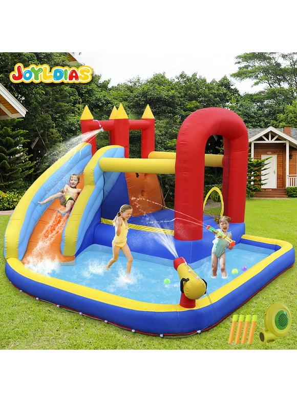 Joyldias Inflatable Water Slide Bounce House Playhouse with 4 Water Guns, Pool, Basketball Hoop, Air Blower, Bag