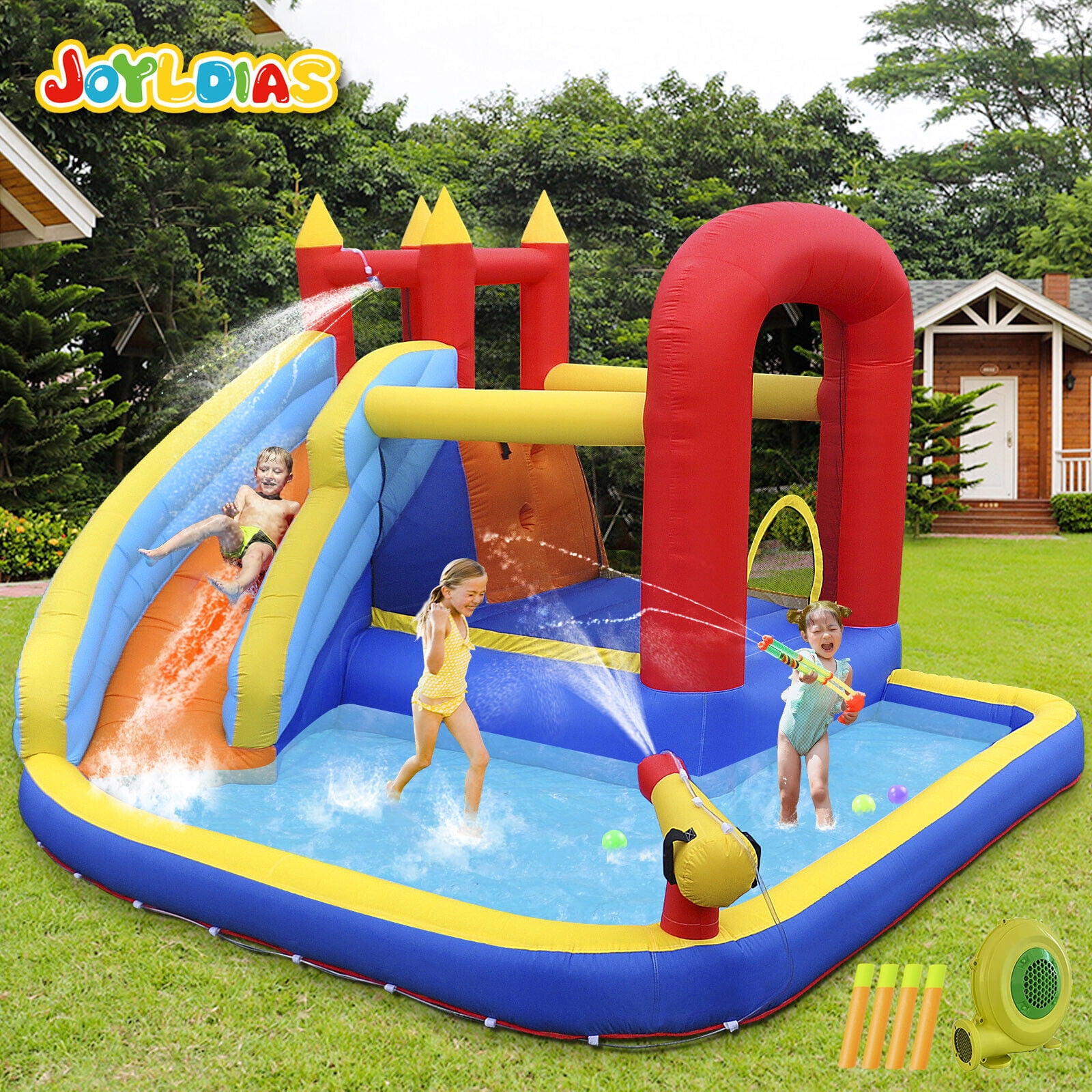 Joyldias Inflatable Water Slide Bounce House Playhouse with 4 Water Guns, Pool, Basketball Hoop, Air Blower, Bag