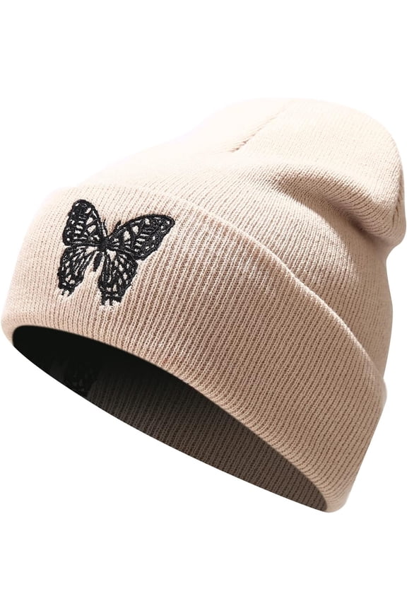 Joylife Butterfly Embroidered Cuffed Beanie Hat Graphic Knitted Skull Cap Double Layer Winter Watch Hats for Women, Men
