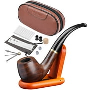 Joyoldelf Bent Tobacco Pipe, Handmade Ebony Wood Tobacco Pipe, Perfect Beginner Pipe Kit with Leather Tobacco Pipe Pouch - tobacco Gift Set and Accessories