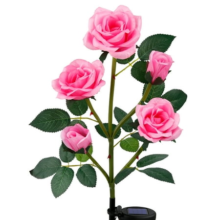 Joyoldelf Solar Flower Lights Outdoor Waterproof Decorative LED Solar Powered Stake Lights,5 Rose Flower 1 Pack Lights for Patio Pathway Courtyard Garden Lawn ,1 Pack(Pink)