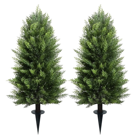 Joyooss Artificial Cedar Tree 3FT, 2 Pack UV Resistant Faux Outdoor Topiary Cedar Plants, Fake Evergreen Shrubs with Ground Spike for Front Porch Garden Indoor Outdoor Decor, Wire-Wrapped No-Drop Bra
