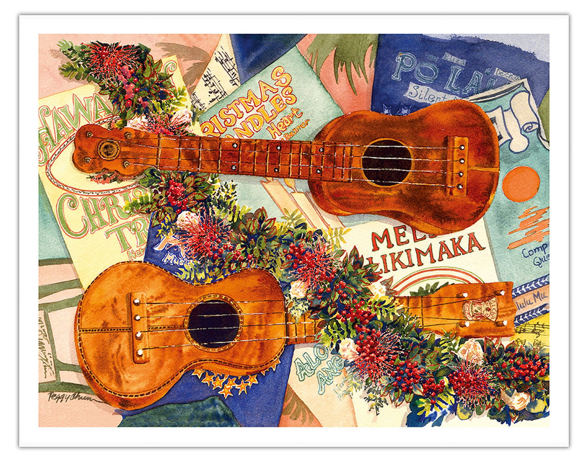Joyous Sound of the Ukulele - Hawaiian Christmas (Mele Kalikimaka) - From  an Original Hawaii Watercolor Painting by Peggy Chun - Fine Art Matte Paper  Print (Unframed) 16x20in - Walmart.com, image size:2016x1584