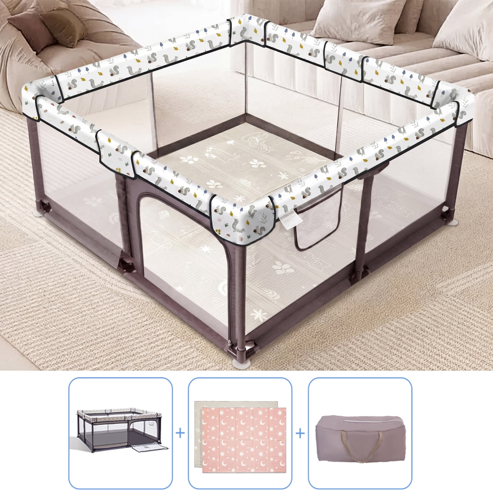 Joypony 50x50 inch Baby Playpen with Baby Mat for Babies and Toddlers with Soft Mesh Walls