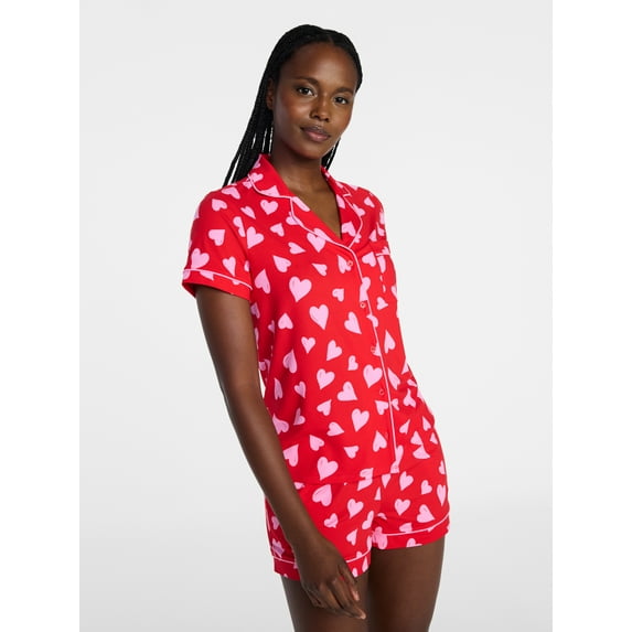 Joyspun Women's Dreamy Soft Collection Notch Top and Shorts Valentine's Day Pajama Set, 2-Piece, Sizes XS-3X