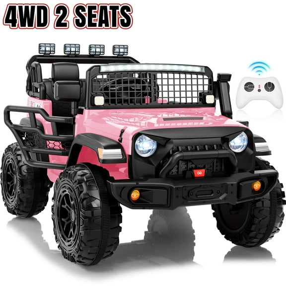 Joyracer 4WD 24 Volt Ride on Truck, 2 Seater Electric Car for Kids, Power Car Wheels with Remote, Bluetooth Music, LED Lights, Pink