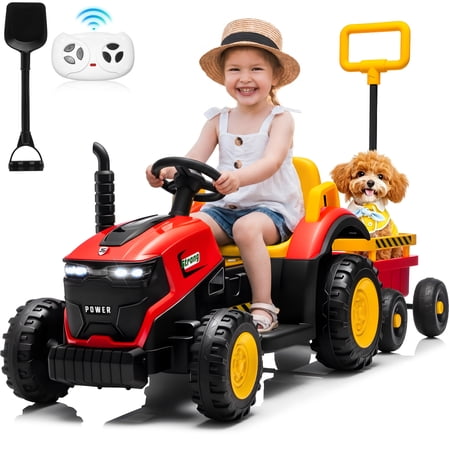 Joyracer 12V Ride on Toys, 2-in-1 Ride on Tractor with Detachable Trailer & Remote Control, Power Car Wheels w/ Shovel, Bluetooth, Music, LED Lights, Red
