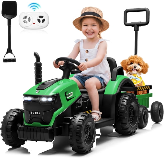 Joyracer 12V Ride on Toys, 2-in-1 Ride on Tractor with Detachable Trailer & Remote Control, Power Car Wheels w/ Shovel, Bluetooth, Music, LED Lights, Green