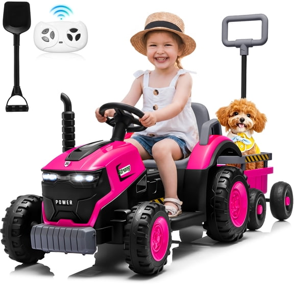 Joyracer 12V Ride on Toys, 2-in-1 Ride on Tractor with Detachable Trailer & Remote Control, Power Car Wheels w/ Shovel, Bluetooth, Music, LED Lights, Pink