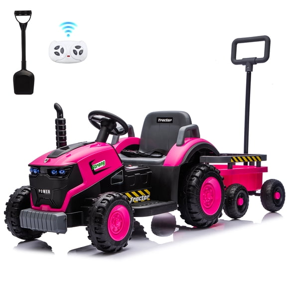 Joyracer 12V Ride on Toys, 2-in-1 Ride on Tractor with Detachable Trailer & Remote Control, Power Car Wheels w/ Shovel, Bluetooth, Music, LED Lights, Pink