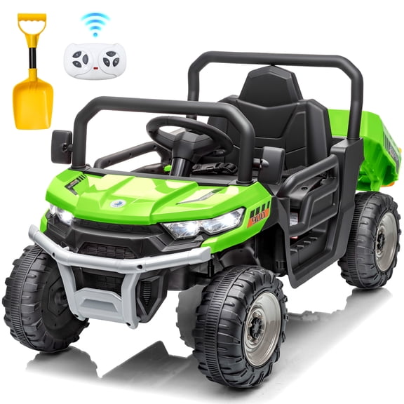 Joyracer 12V Ride on Toys UTV for Kids, Electric Car with Remote, Powered Ride on Dump Truck w/ Dump Bed & Shovel, Spring Suspension, Bluetooth Music, LED Lights, Green