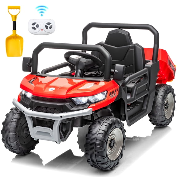 Joyracer 12V Ride on Toys UTV for Kids, Electric Car with Remote, Powered Ride on Dump Truck w/ Dump Bed & Shovel, Spring Suspension, Bluetooth Music, LED Lights, Red