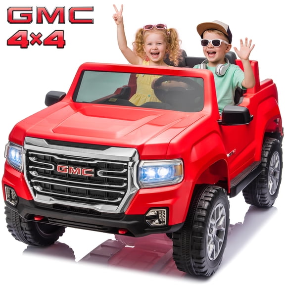 Joyracer 2 Seater 24 Volt Ride on Toys, Licensed GMC 4WD/2WD Switchable Ride on Car for Big Kids with Remote, Bluetooth, Fold Down Tailgate, Rear Storage, Red